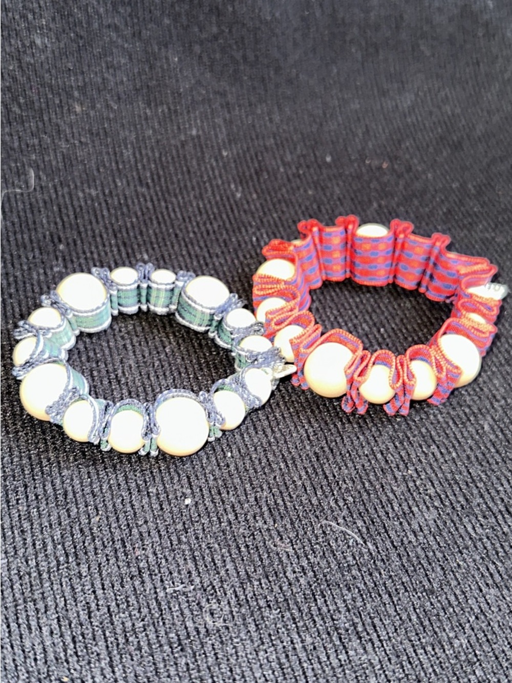 Stella & Dot Ivory Bead Bracelets with Red and Navy Ribbon